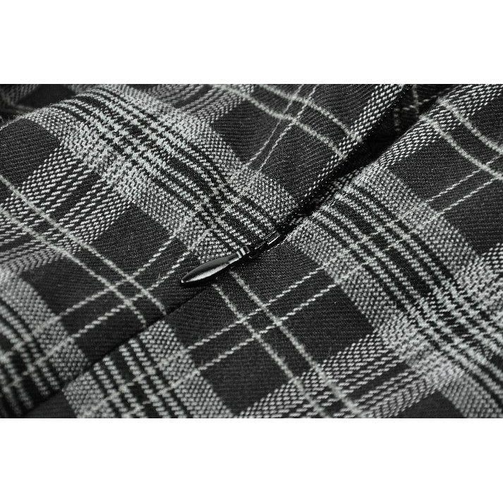 Close-up view of the Dark In Love Grey Tartan Studded Dress, highlighting the structured bodice and corset-style lacing details, perfect for those who appreciate gothic-inspired luxury fashion.