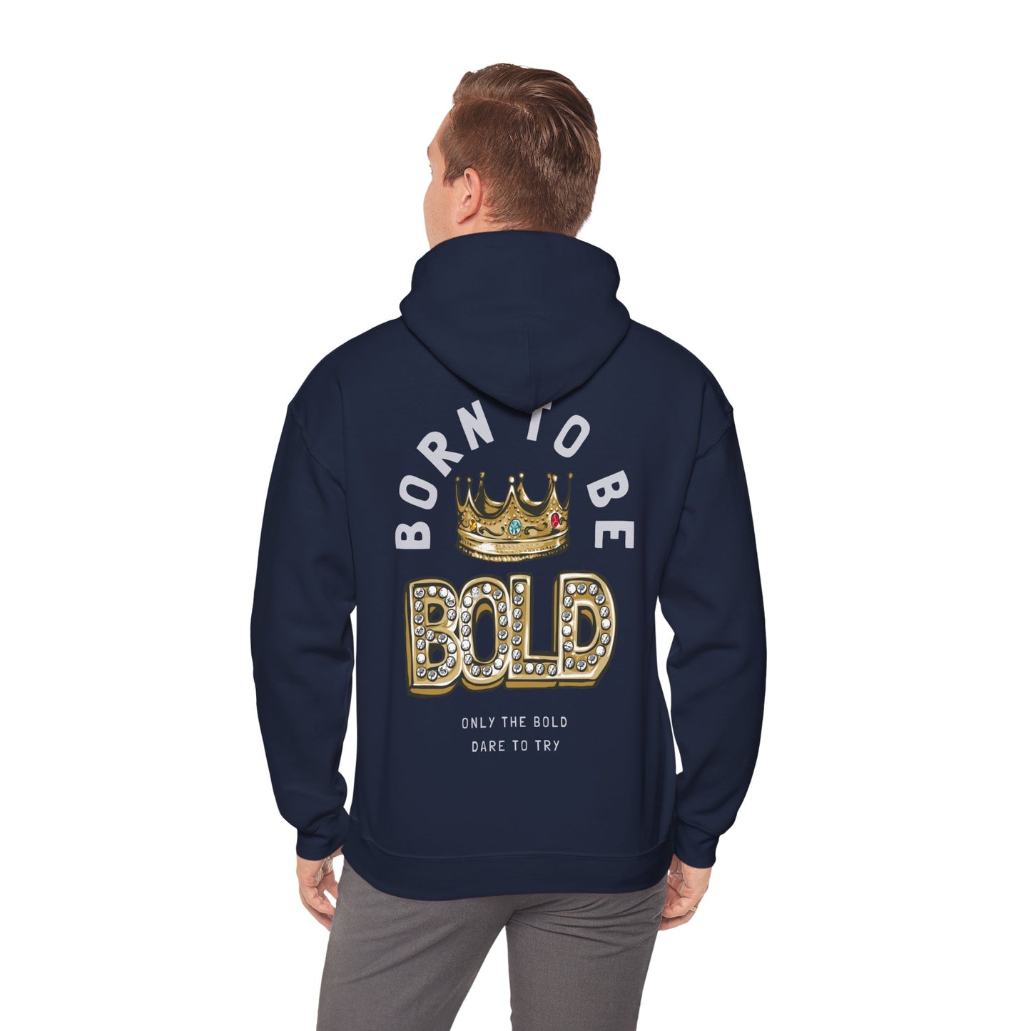 Sophisticated navy hoodie featuring a bold back print design with a golden crown and dazzling lettering, embodying confidence and style.