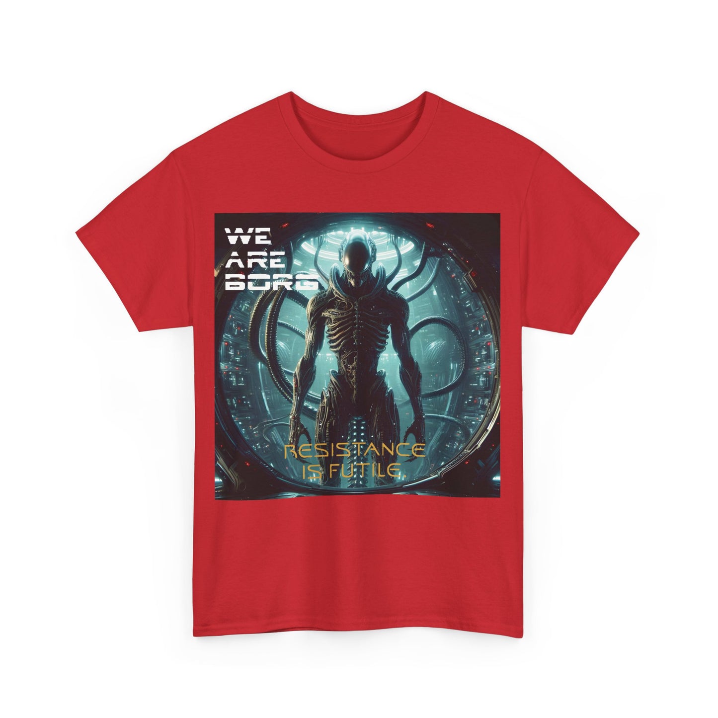Borg Assimilated Xenomorph Graphic T-Shirt in red, showcasing an intricate design that includes 'WE ARE BORG' and 'RESISTANCE IS FUTILE', ideal for a luxurious, fashionable statement.