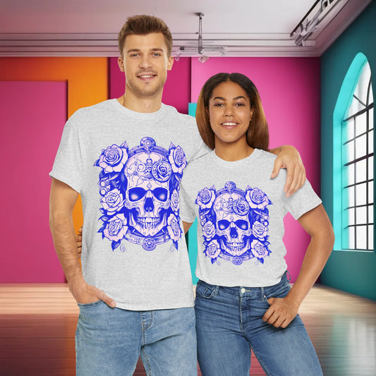Couple wearing the Skulls and Roses Cotton Tee in light grey, showcasing intricate blue steampunk skull and rose design, ideal for alternative fashion enthusiasts.