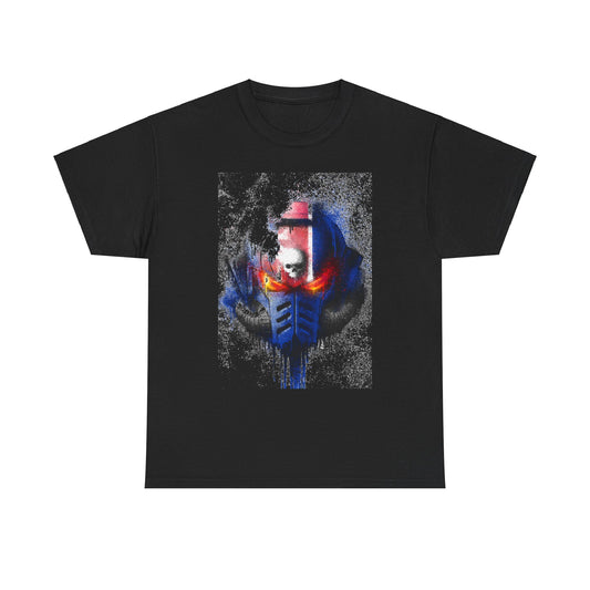 High-end graphic tee showcasing a captivating helmet illustration, emphasised by bold colours and intricate textures, perfect for lovers of pop culture and unique fashion.