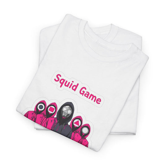 Elegant Squid Game Unisex T-Shirt displayed in a folded position. This tee features a captivating graphic design of iconic pink hooded figures, epitomising a luxurious nod to contemporary culture.