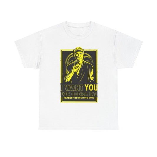 Luxury graphic tee featuring a rebellious design with bold text 'I Want You for Cobra Kai' and a striking image of a karate master, perfect for martial arts enthusiasts.