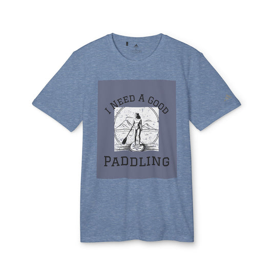 Front view of the Adidas Women's Paddleboarders T-shirt in Navy Heather, showcasing a unique design ideal for paddleboarding lovers.