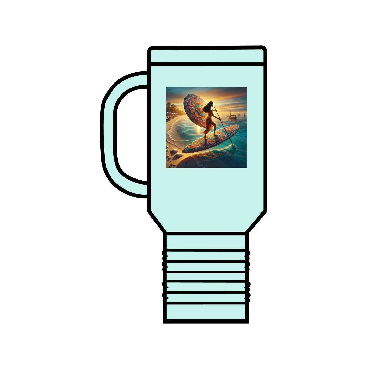 Fantasy Paddleboarding 40Oz Insulated Stainless Steel Travel Mug in a chic mint colour, featuring an enchanting paddleboarding illustration for stylish hydration.
