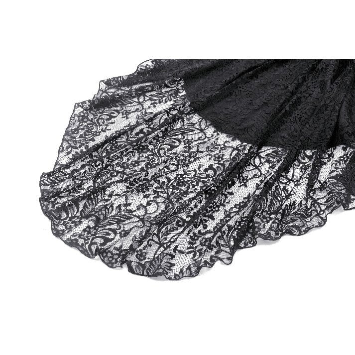 Back view of the Dark in Love Gem Gothic Vine Lace Tail Dress highlighting its sophisticated silhouette and stunning lace accents, perfect for making a captivating statement.