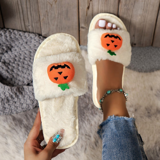 Elegant Halloween Cute Pumpkin Plush Slippers in soft white, featuring a delightful pumpkin motif on stylish open-toe design, ideal for sophisticated winter lounging for women.