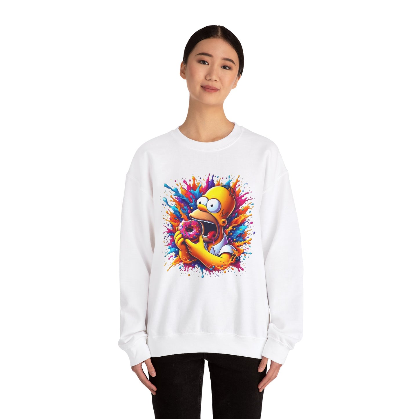 Chic young woman wearing the 'Homer's Hungry Delight' unisex sweatshirt in striking white. The bold graphic of Homer Simpson invites playful storytelling in an upscale casual wear setting.
