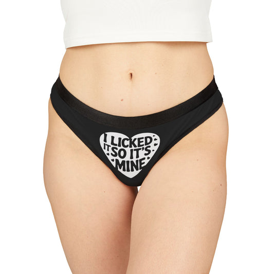 Luxury Valentine's Naughty Gift featuring a Cheeky Women's Thong with the playful phrase 'I Licked It So It's Mine', designed for a fun and bold romantic occasion.