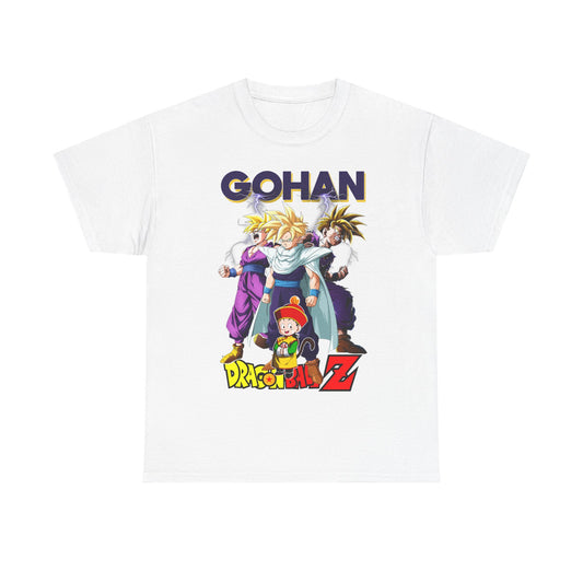 Elegant white T-shirt showcasing an eye-catching illustration of Gohan alongside beloved characters from Dragon Ball Z, complete with striking visuals and premium design.