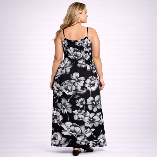 STRAPPY BOLD FLOWER MAXI DRESS WITH V FRILLED TOP