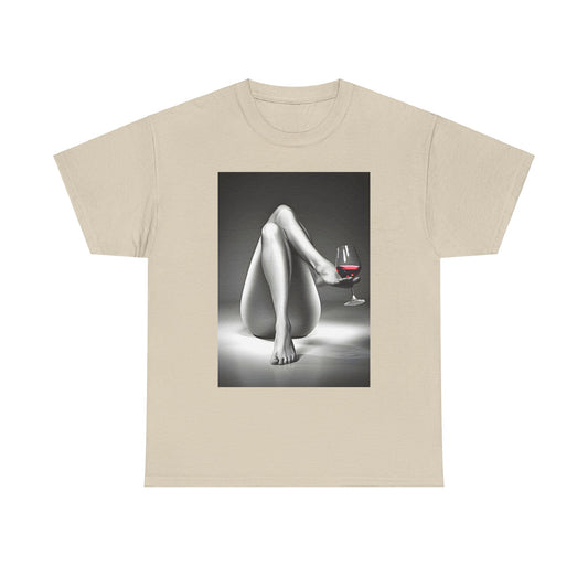 Luxurious graphic tee featuring an artistic black and white illustration of crossed legs holding a wine glass, on a soft beige fabric, perfect for adding a touch of elegance to casual wear.