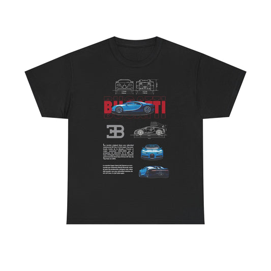 Elegant black Bugatti Chiron men's T-shirt showcasing a stunning graphic of the supercar, along with intricate technical illustrations and eye-catching branding. Ideal for those who appreciate automotive excellence.