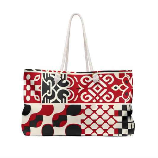 Spacious interior of Valentina Rialto Red Weekender Bag showcasing its luxurious checkerboard design and thick rope handles for effortless carrying.