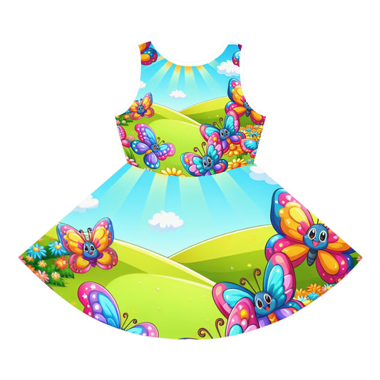 Lilliana Twinklestitch Butterfly Print Girls Sundress, featuring vibrant butterfly designs on a flared skirt against a sunny hillside backdrop, embodying luxury summer fashion for kids.