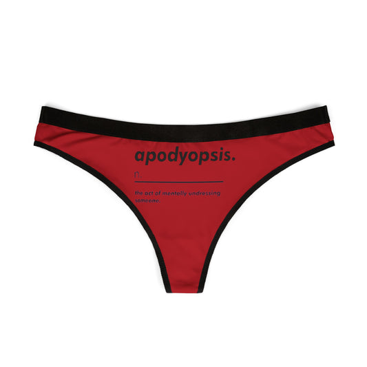 Stylish red women's thong with a cheeky design showcasing the term 'apodyopsis,' ideal for adding a touch of whimsy to lingerie collections.