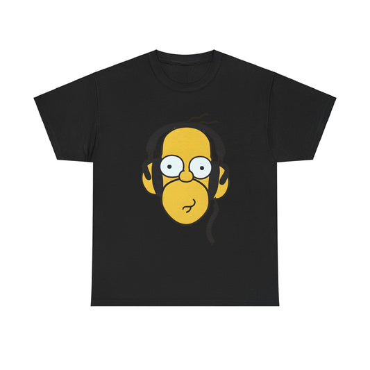 Sleek black unisex cotton tee showcasing the iconic Homer Simpson with headphones, named 'Hear the Hilarity Homer Simpson Headphones Tee'. Ideal for a chic, casual look.