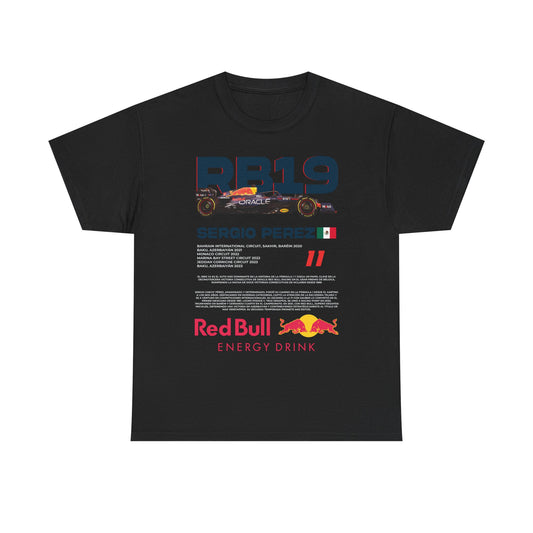Men's Red Bull RB19 F1 Racing Tee in black, featuring bold Sergio Perez graphics and a striking racing car design, perfect for motorsport enthusiasts.