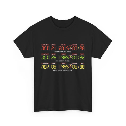 Back To The Future control panel Unisex Men's Women's Graphic T Shirt Tee featuring a captivating digital clock layout, perfect for fans of the classic movie.