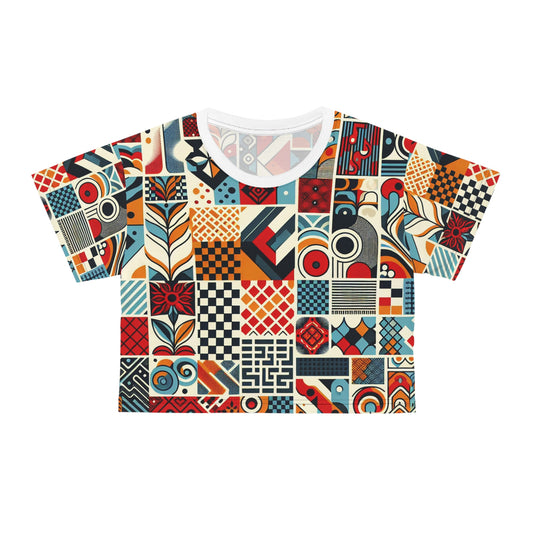 Close-up of the Elara Stirling Crop Top's vibrant red checkerboard design, emphasising the sophisticated block prints and organic shapes.