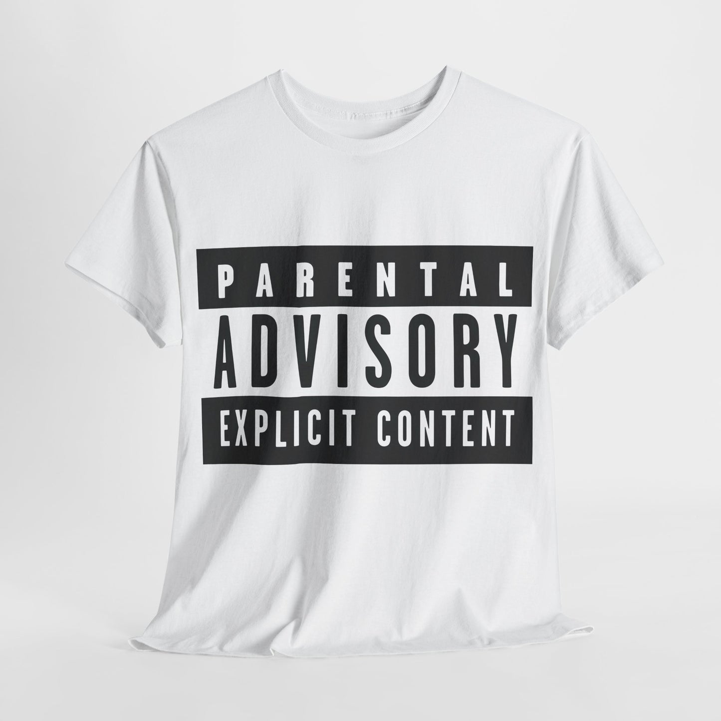 Luxury Parental Advisory Warning Graphic T-Shirt in pristine white, featuring a bold graphic statement that embodies modern sophistication.