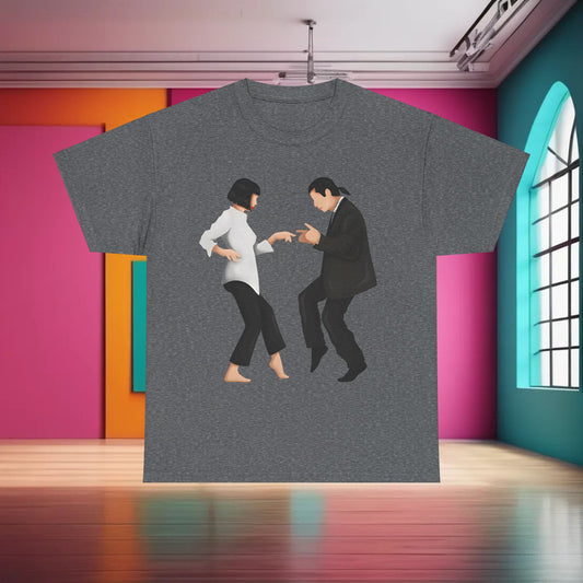 Pulp Fiction Graphic T-Shirt in grey showcasing classic film characters in a stylish pose, perfect for sophisticated casual wear.