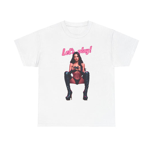 Elegant white graphic t-shirt featuring a bold 'Let's play!' design with a confident gamer character, perfect for showcasing your gaming passion.
