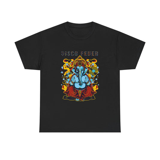 Elegant black t-shirt adorned with colourful Lord Ganesha design and 'DISCO FEVER' lettering, showcasing a fusion of spirituality and contemporary style.