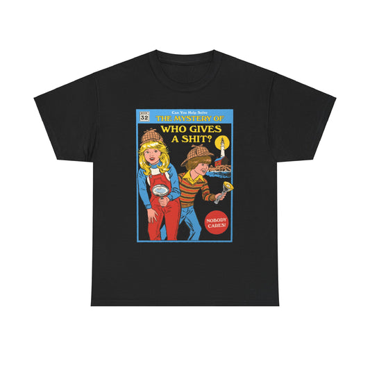 Stylish black graphic tee displaying the humorous cover of 'The Mystery of Who Gives a Shit?' with two playful child detectives, ideal for those seeking unique luxury casual attire.