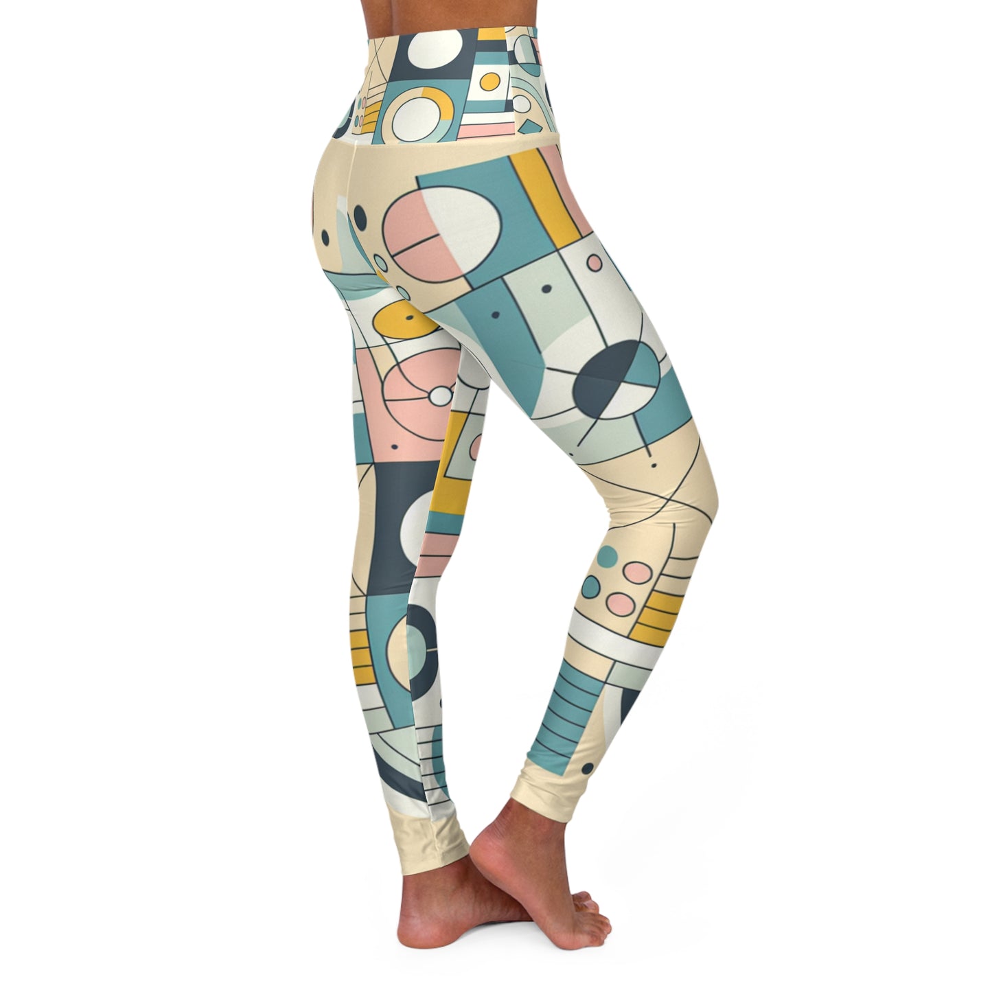 Stylish woman wearing Dazzling Dreams Studio's Modern Pattern Pastel Leggings, effortlessly transitioning from yoga to casual outings while flaunting a vibrant and unique aesthetic.
