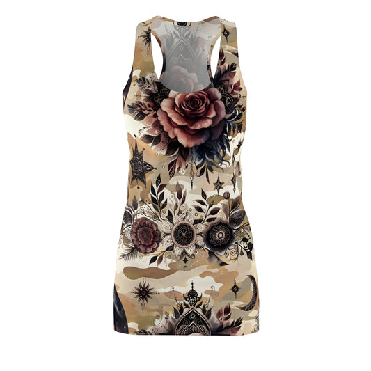 Front view of a Stylish Women’s Chic Designer Racerback Dress, showcasing intricate floral and geometric patterns, ideal for summer outings.