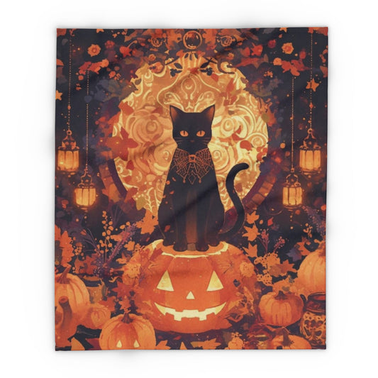 Luxury Decorative and Warm Halloween Spooky Arctic Fleece Blanket with a stunning illustration of a black cat on a jack-o'-lantern, elegantly accented by lanterns and autumn foliage.