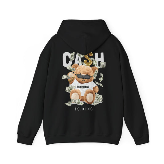 Elegant black hoodie showcasing a cute teddy bear wearing sunglasses, surrounded by floating dollar bills, with the bold text 'CASH IS KING' and 'BILLIONAIRE' on its apparel.