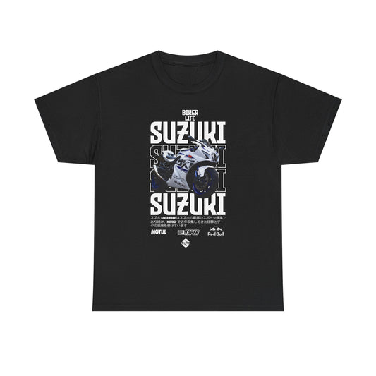 Sophisticated black men's t-shirt adorned with an exclusive Suzuki GSX-R graphic, showcasing bold lettering and motorcycle imagery, ideal for fans of biker culture.