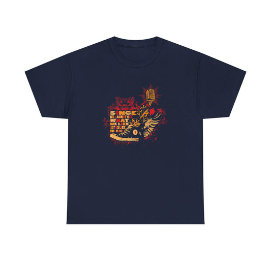 Elegant navy grunge-inspired men's t-shirt showcasing a striking artistic print of sneakers and a vintage microphone, adorned with the insightful quote 'SINCE WE CANNOT GET WHAT WE LIKE; LET US LIKE WHAT WE GET' in rich colours.