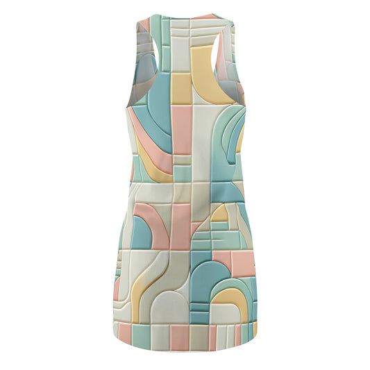 Close-up view of the Saxon Belle Racerback Dress in Pastel Hues showcasing mint green and gentle yellow geometric shapes, exuding a minimalist charm.