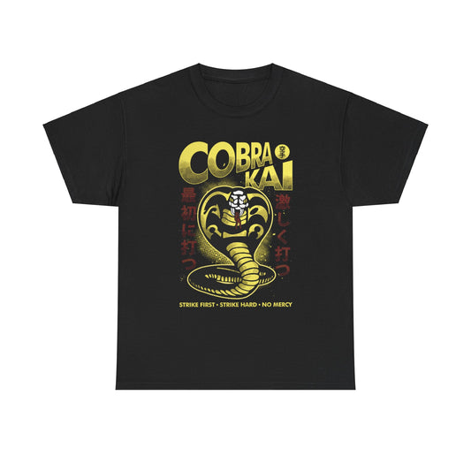 Luxurious Cobra Kai graphic t-shirt featuring a striking coiled snake design in vibrant gold and red, crafted for ultimate comfort and style.