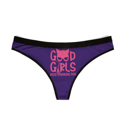 Luxury women's purple thong featuring playful graphic text 'Good Girls Need Spanking Too' designed for a cheeky and romantic special occasion.