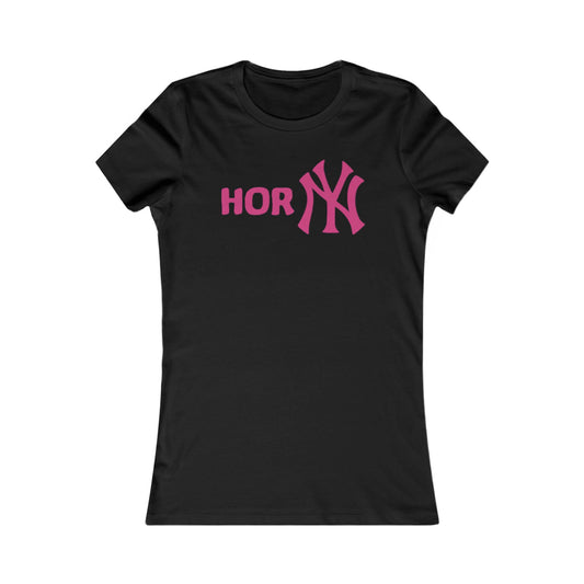 Close-up of the Playful Women's T-Shirt with Cheeky 'HORNY' NY Funny Inspired Graphic Design, showcasing high-quality Airlume cotton fabric and stylish ribbed collar, making a cheeky fashion statement!