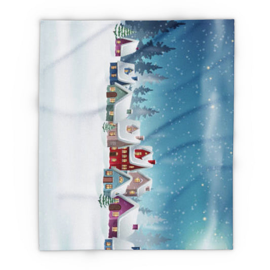 Luxurious Decorative and Warm Christmas Arctic Fleece Blanket showcasing a picturesque snowy landscape with festive homes and twinkling lights.