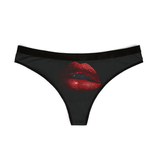 Luxurious women's thong featuring a striking graphic of glossy red lips on a sleek black background, perfect for a cheeky Valentine's gift.