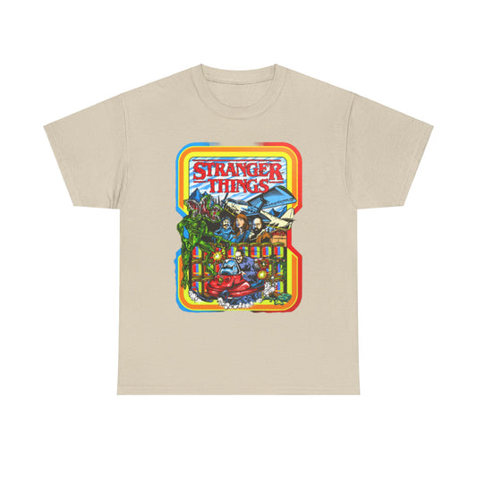Elegant unisex graphic tee displaying an eye-catching 'Stranger Things' illustration, merging retro arcade aesthetics with beloved characters. Perfect for showcasing a sophisticated love for the series in a fun and stylish way.