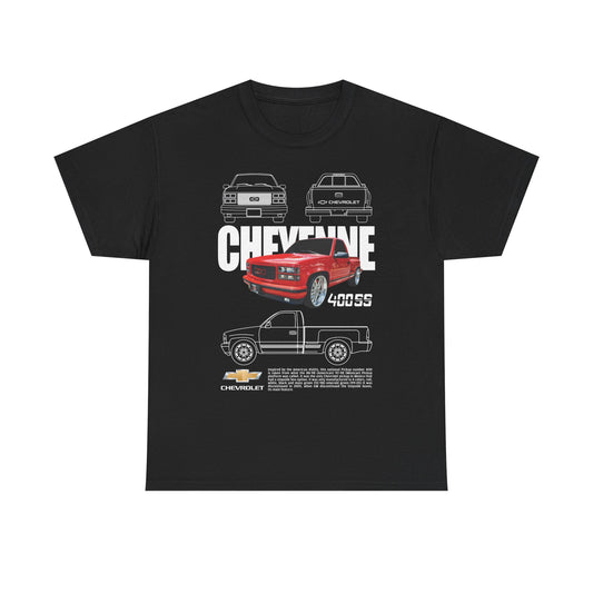 Elegant black Chevrolet Cheyenne men's t-shirt featuring a bold graphic design showcasing the iconic 400SS pickup truck, complete with detailed line drawings and striking typography.
