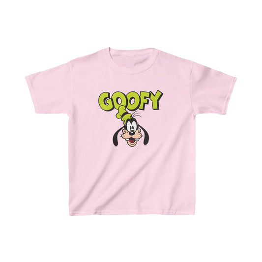 Unisex Kids Goofy Cotton T-Shirt Tee in pastel pink featuring a whimsical Goofy graphic, ideal for young fashion enthusiasts seeking playful luxury.