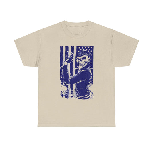 Stylish unisex men's t-shirt showcasing a graphic design of a biker skull against a distressed American flag backdrop, featuring bold blue tones on a cream fabric. Perfect for the adventurous spirit.