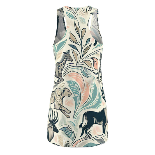 Close-up of the Pastel Racerback Dress With Unique Wild Animal Pattern highlighting the intricate details of the animal designs for a chic look.