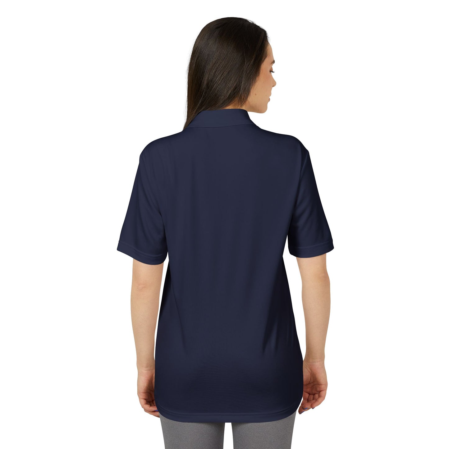 Back view of the Adidas Unisex Performance Polo Shirt in navy, showcasing its regular fit and sustainable design crafted from 100% recycled polyester, ideal for modern aesthetics.