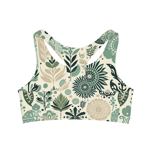 Reverse view of Leilani Beaumont Pastel Green Sports Bra highlighting its exquisite design with organic motifs and advanced support features, perfect for the stylish athlete.