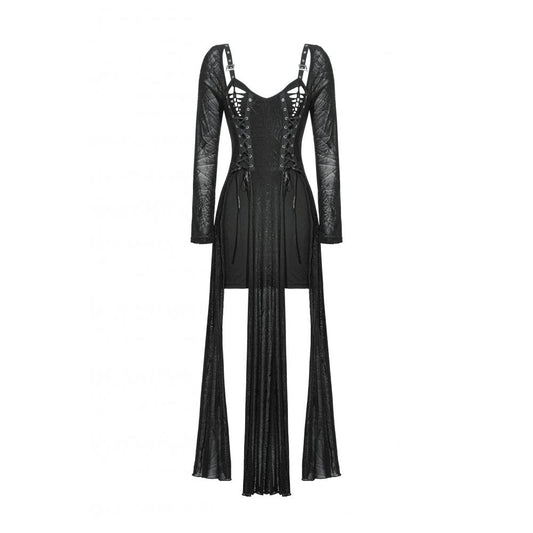 Close-up of the Dark in Love Jax spider print dress showcasing the luxurious sheer fabric and stylish strappy detailing, ideal for gothic fashion enthusiasts.