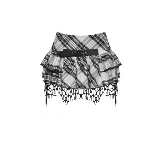 Close-up of the Dark In Love Quinn Punk Skirt's detailed punk-inspired plaid pattern, emphasizing the layered ruffles and fishnet textures for a rebellious chic look.